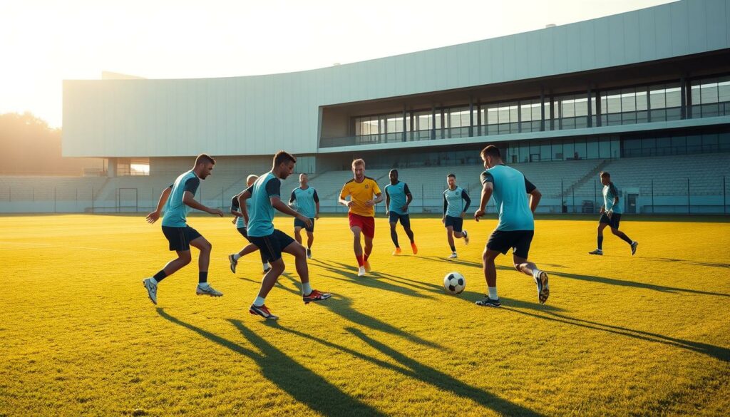 A group of soccer players engaged in ball possession training drills on a lush, green field. The scene is bathed in warm, golden-hour lighting, casting long shadows across the pitch. The players move in sync, passing the ball crisply between them, their nimble footwork and fluid movements showcasing their technical mastery. In the background, a modern, minimalist soccer stadium rises, its sleek architecture and clean lines creating a sense of professionalism and high-level competition. The overall atmosphere conveys the importance of ball control and positional play in the development of an effective attacking strategy.