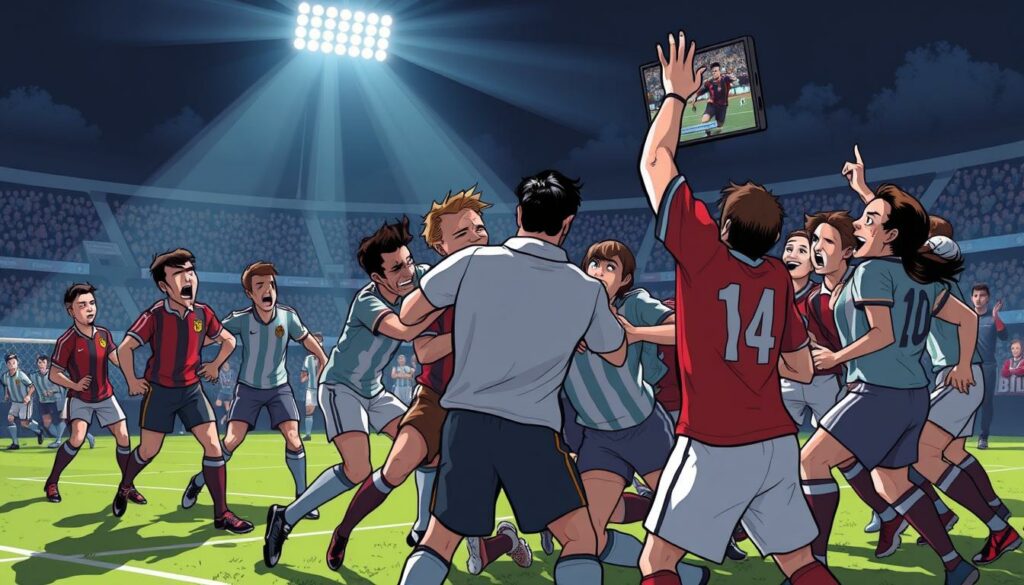 A heated football match, players engaged in a controversial refereeing decision. A close play at midfield, with bodies tangled and arms raised in protest. Dramatic shadows cast from stadium floodlights, creating a chiaroscuro effect. Tension palpable in the air, as the referee consults the VAR screen, brow furrowed in concentration. Teammates and opponents alike, faces twisted in anguish or outrage, anticipating the pivotal call. A frozen moment of high drama, where the fate of the game hangs in the balance.