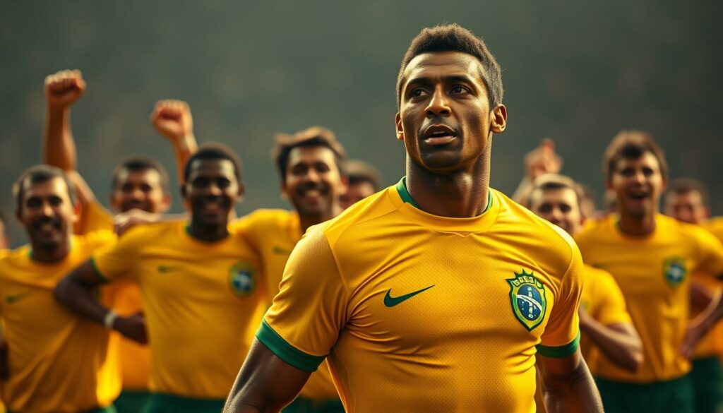 A heroic portrait of Pelé leading the formidable Brazilian national team, captured in an iconic moment of triumph. The legendary striker stands tall in the foreground, his chiseled physique and determined gaze radiating an aura of power and confidence. Behind him, his teammates, clad in the vibrant yellow and green jerseys, are depicted in mid-celebration, their expressions conveying the pure joy and camaraderie of a team at the pinnacle of their sport. The image is bathed in warm, golden light, casting a nostalgic glow and emphasizing the grandeur of the scene. Meticulously rendered with cinematic depth of field, the composition draws the viewer's eye towards Pelé, the undisputed centerpiece of this triumphant moment in Brazilian football history.