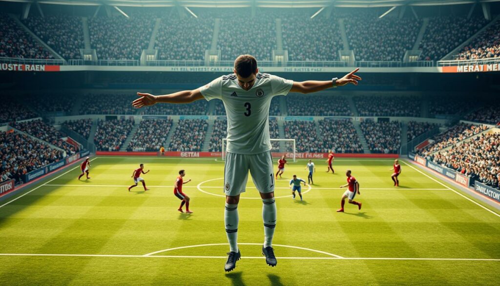 A high-angle, wide-angle shot of a soccer field, with players in various tactical positions. The foreground features a central midfielder (the "spielmacher") directing the team's movements, his body in a dynamic pose, arms outstretched, eyes scanning the field. The midfield is populated by players in defensive and attacking postures, their positions and movements illustrating different tactical approaches. The background shows the surrounding stadium, with spectators in the stands, creating a sense of atmosphere and intensity. The lighting is realistic, with shadows and highlights conveying the three-dimensional depth of the scene. The overall composition emphasizes the strategic importance of the playmaker's role in modern soccer tactics.