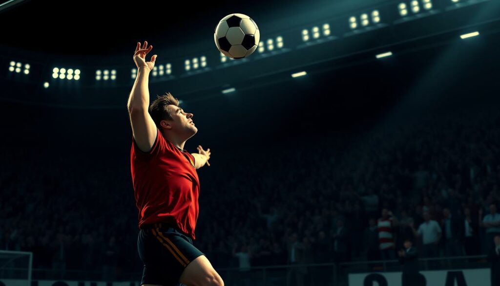 A high-contrast, cinematic action shot of Horst Hrubesch, the legendary German footballer, rising up to powerfully head a ball during a crucial match against Bayern Munich. The scene is bathed in dramatic, low-angled lighting that casts strong shadows, emphasizing the intensity and athleticism of the moment. The camera is positioned close to the ground, capturing the ball hurtling towards Hrubesch's determined face as he leaps to meet it, his muscular torso and outstretched limbs filling the frame. In the background, a blurred crowd of cheering fans sets the scene of a tense, high-stakes encounter. The overall mood is one of electric tension and triumphant, decisive action.
