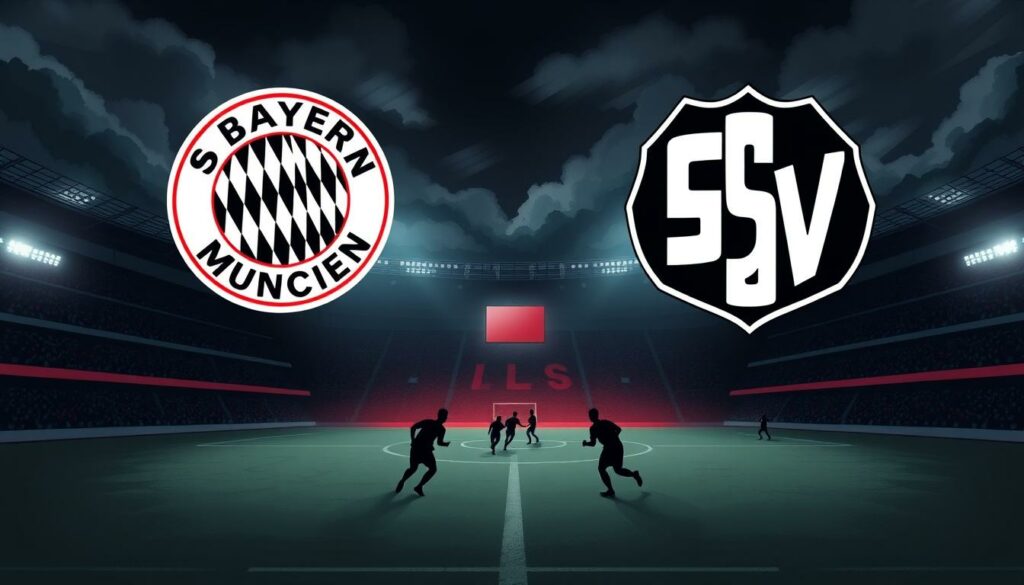 A high-contrast, film-noir-inspired soccer stadium, dimly lit and ominous. In the foreground, the iconic crests of Bayern München and Hamburger SV face off, conveying the rivalry and history between the two clubs. The middle ground is hazy, with shadowy figures of players on the pitch, the action frozen in time. The background is obscured by heavy clouds, casting an ominous, foreboding atmosphere over the scene, reflecting the "ernüchternde Bilanz" (sobering record) of HSV's encounters with the Bavarian giants.