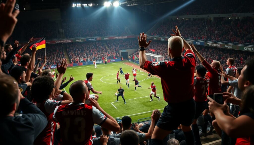A high-intensity football match in the 2. Bundesliga, the second division of the German professional league. On the pitch, two teams compete fiercely, with players clashing for the ball and the referee making contentious decisions that spark outrage among the passionate fans in the stands. The camera captures the drama and tension, focusing on the players' expressions, the referee's hand gestures, and the frenzied reactions of the crowd. The lighting is dramatic, with shadows and highlights accentuating the dynamism of the scene. The overall atmosphere conveys the heated, controversial nature of the match, reflecting the turbulent narrative of the article's "Kontroverse Szenen in der 2. Bundesliga" section.