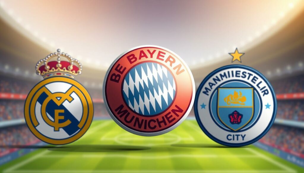 A high-quality photograph showcasing the logos of three of the world's most renowned football clubs: Real Madrid, Bayern München, and Manchester City. The logos are prominently displayed in the foreground, rendered with meticulous detail and vibrant colors, capturing the prestige and global appeal of these iconic brands. The background features a subtle, blurred stadium-like setting, hinting at the grand stage of the Club World Cup where these giants of the sport come together. The composition is balanced and visually striking, evoking a sense of the excitement and anticipation that surrounds the world's premier club football tournament.