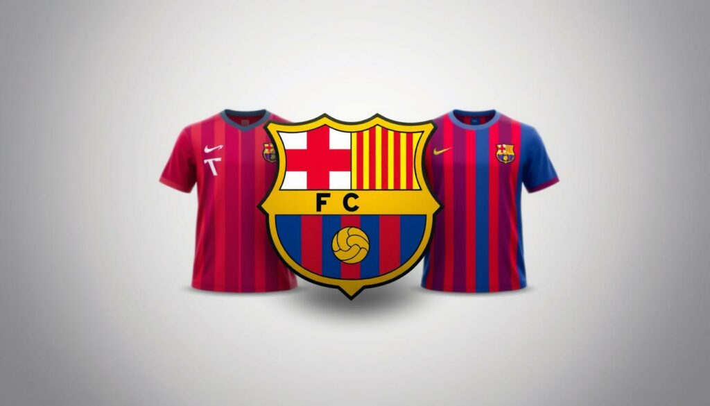 A highly detailed, realistic illustration of the official crest and jerseys of FC Barcelona. The crest, prominent in the foreground, features the iconic red and blue shield with the St. George's cross and the stripes, surrounded by a golden border. The jersey designs in the middle ground showcase the classic red and blue vertical stripes, along with the modern interpretations featuring gradient patterns. The background is filled with a clean, neutral color palette to allow the heraldic symbols and team apparel to take center stage. Crisp, high-resolution textures, precise lines, and perfect symmetry capture the essence of Barcelona's iconic visual identity. Evocative of the club's rich history, tradition, and global appeal.