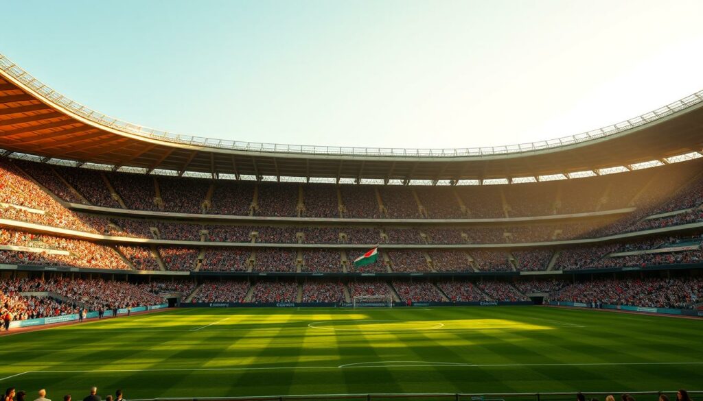 A large, ornate football stadium with a lush, meticulously manicured pitch. Towering grandstands stretch high above the field, their intricate architecture casting dramatic shadows. The stands are filled with cheering fans, their brightly colored jerseys and flags creating a vibrant, electric atmosphere. The lighting is soft and golden, casting a warm glow over the scene and suggesting a significant, historic event. The camera angle is slightly elevated, allowing the viewer to take in the full scale and grandeur of the stadium. The overall impression is one of tradition, pageantry, and the enduring passion of the beautiful game.