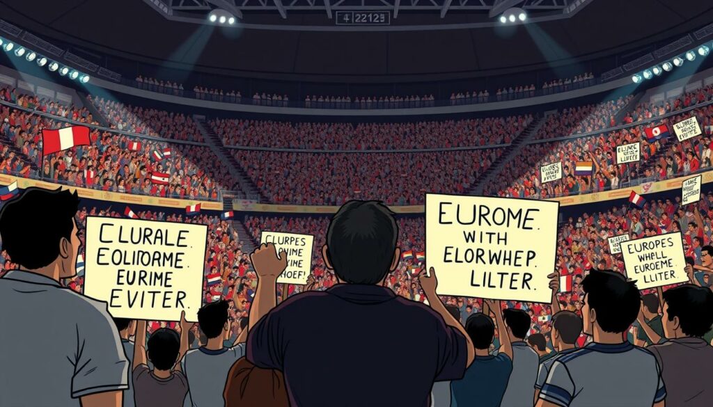 A large stadium filled with a diverse crowd of passionate football fans, their faces painted in national colors and waving flags. In the foreground, a group of protesters holds up political banners, their slogans reflecting the tensions and divisions within Europe. The lighting is dramatic, with shadows casting across the scene, creating a sense of intensity and unease. The camera captures the event from a mid-level angle, highlighting the contrast between the celebratory atmosphere of the match and the underlying political statements being made. The overall mood conveys the idea that the European Championship has become a stage for the expression of broader societal and geopolitical issues.