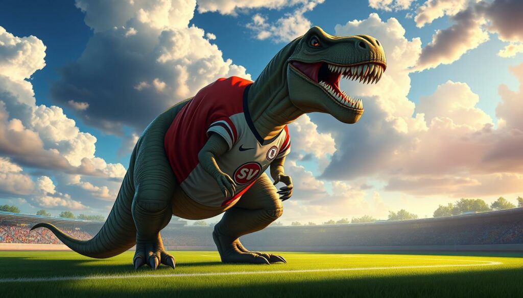 A larger-than-life, anthropomorphized Tyrannosaurus Rex wearing a Hamburg SV football jersey, standing tall and proud on a soccer pitch. The Dino's sharp teeth are bared in a fierce, determined expression, its eyes narrowed with unwavering focus. Dramatic, dynamic lighting casts long shadows, accentuating the Dino's powerful, muscular frame. The field is lush and verdant, the sky a vibrant blue with billowing clouds, lending an air of majesty and grandeur to the scene. A sense of anticipation and the inevitability of victory permeates the atmosphere, as the Dino Hermann prepares to lead his team to glory.