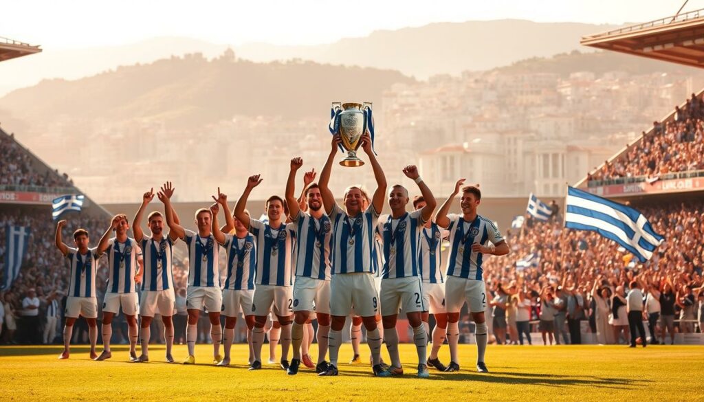 A majestic Greek soccer team, victorious in the European Championship final, stands triumphant on the pitch in Lisbon's Estadio da Luz. The stadium is bathed in warm, golden light, casting a victorious glow over the celebratory scene. In the foreground, the players raise the trophy high, their expressions a mix of joy, disbelief, and national pride. In the middle ground, the crowd erupts in thunderous applause, waving flags and banners in the colors of the Greek flag. The background fades into a hazy, dreamlike panorama of the iconic Lisbon cityscape, a testament to the improbable nature of Greece's underdog triumph.