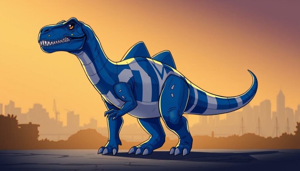 A majestic and imposing Bundesliga-Dino HSV, standing tall and proud in the center of the frame. Its iconic blue and white colors gleam in the soft, warm lighting, lending an air of timeless elegance. The dinosaur-like silhouette commands attention, its muscular frame and weathered hide reflecting the club's storied history and resilience. In the background, a faint cityscape of Hamburg's iconic harbor skyline provides a subtle context, while the foreground is bathed in a golden, nostalgic glow. The overall composition evokes a sense of reverence and celebration for this legendary football institution, a true survivor of the Bundesliga's ever-changing landscape.