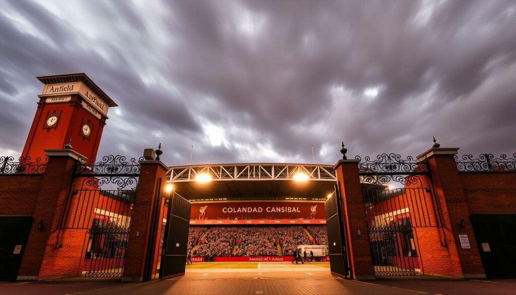 A majestic, long-exposure photograph of Anfield Road Stadium, the spiritual home of Liverpool FC. The iconic Shankly Gates stand proudly in the foreground, their intricate ironwork casting dramatic shadows. The towering main stand looms overhead, its classic red-brick facade bathed in warm, golden evening light. In the middle ground, the expansive Kop end rises like a wave, its terraced steps packed with passionate fans. The background fades into a moody, atmospheric sky, with ominous clouds hinting at the electric match-day atmosphere. The scene conveys the timeless, hallowed nature of this revered football ground, a place where generations of Reds have forged an unbreakable bond with their beloved club.