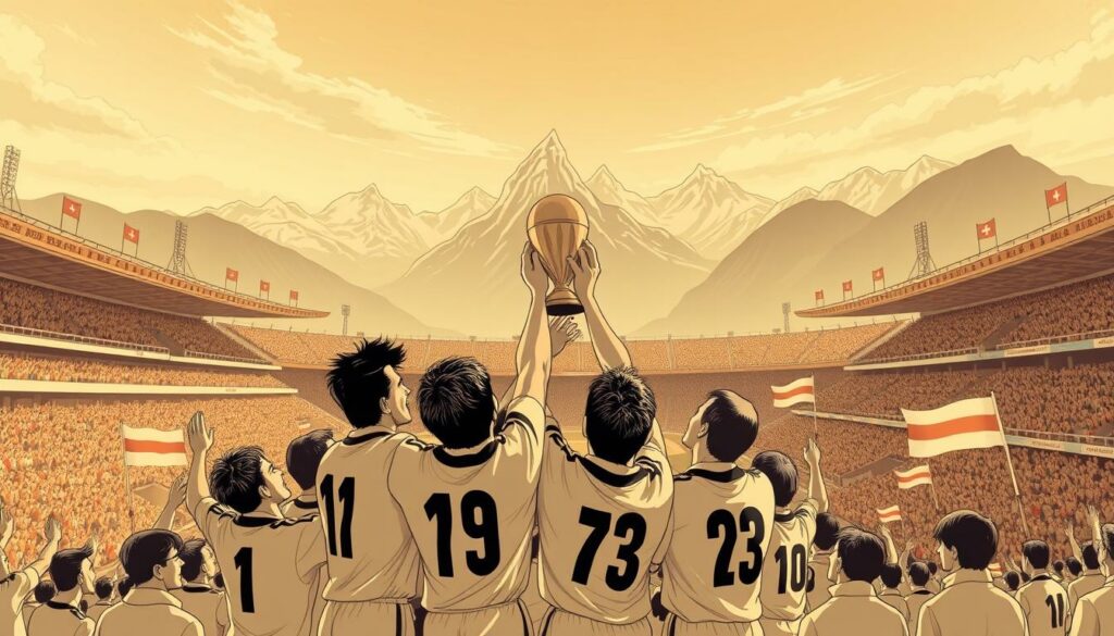 A majestic, sepia-toned scene depicting the iconic "Wunder von Bern" match in 1954, where the West German national team stunned the world by defeating the heavily favored Hungarian squad. In the foreground, the triumphant German players lift the World Cup trophy, their faces etched with determination and joy. The middle ground showcases the packed Bern Stadium, its grandstands overflowing with ecstatic fans waving flags and banners. In the background, the towering Swiss Alps loom, casting a sense of grandeur and national pride over the historic event. Soft, warm lighting casts a nostalgic glow, as if capturing a pivotal moment frozen in time - a turning point that would ultimately pave the way for the creation of the legendary Bundesliga.