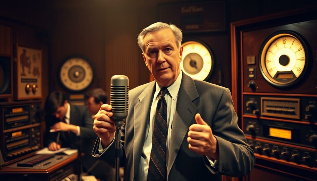 A mid-20th century radio studio, dimly lit with warm, golden tones. In the foreground, a stern-faced man in a suit and tie stands at a microphone, his hands gripping the sides as he delivers an intense, passionate commentary. Behind him, the studio technicians busily operate the various dials and switches of the analog equipment, creating a sense of dynamic activity. In the background, a large, wooden radio cabinet with a glowing dial dominates the scene, evoking the era of classic radio broadcasts. The atmosphere is one of anticipation and historical significance, as this pivotal moment in German sports history unfolds through the vivid narration of Herbert Zimmermann.