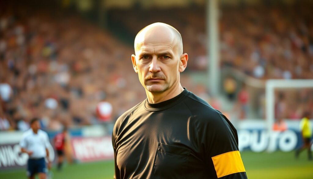 A middle-aged man with a bald head and a neatly trimmed mustache, wearing a crisp black referee's uniform, stands confidently on a football pitch bathed in soft golden light. His piercing gaze and authoritative stance command the attention of the players and crowd around him. The image conveys a sense of unwavering discipline, respect, and the weight of responsibility that Pierluigi Collina carried as one of the most iconic and respected referees in football history.