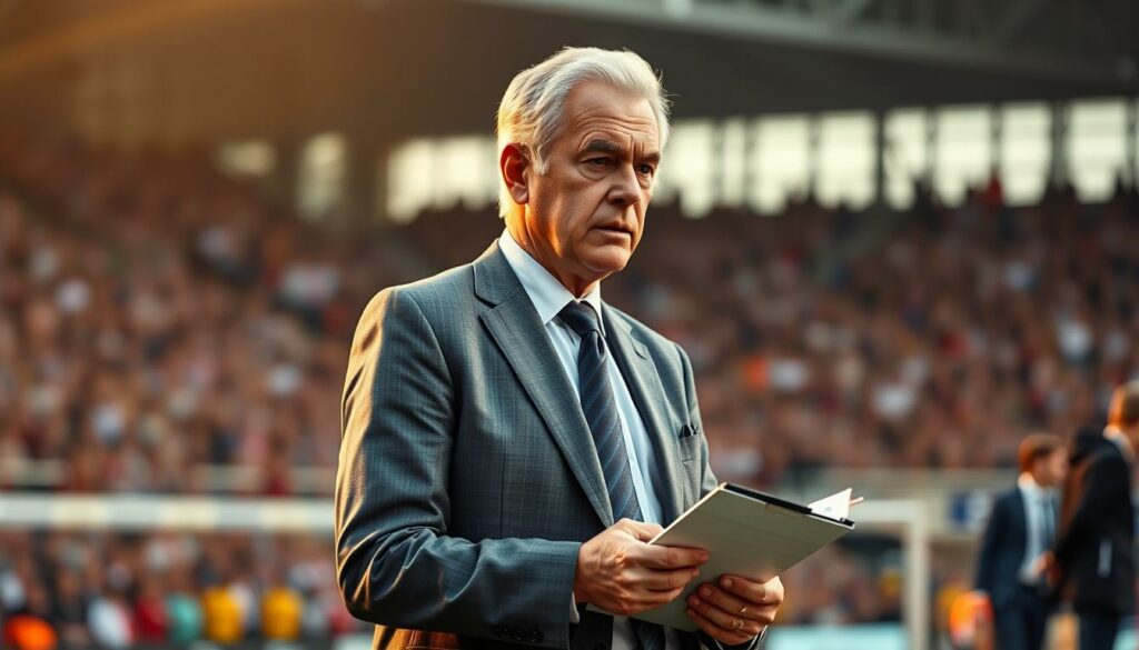 A middle-aged man with a distinguished appearance, Franz Beckenbauer, stands on the sideline of a soccer field, clipboard in hand. He wears a sharp gray suit and a pensive expression, observing the match with the intensity of a seasoned tactician. The lighting is warm and golden, casting a subtle glow on the scene. The background is blurred, with the faint outlines of a stadium and cheering fans, emphasizing the focus on Beckenbauer's role as the manager leading his team. The composition highlights his commanding presence and the weight of his decisions, capturing the essence of "Trainerkarriere: Erfolge auf der Bank" - the triumphs and challenges of Beckenbauer's coaching career.