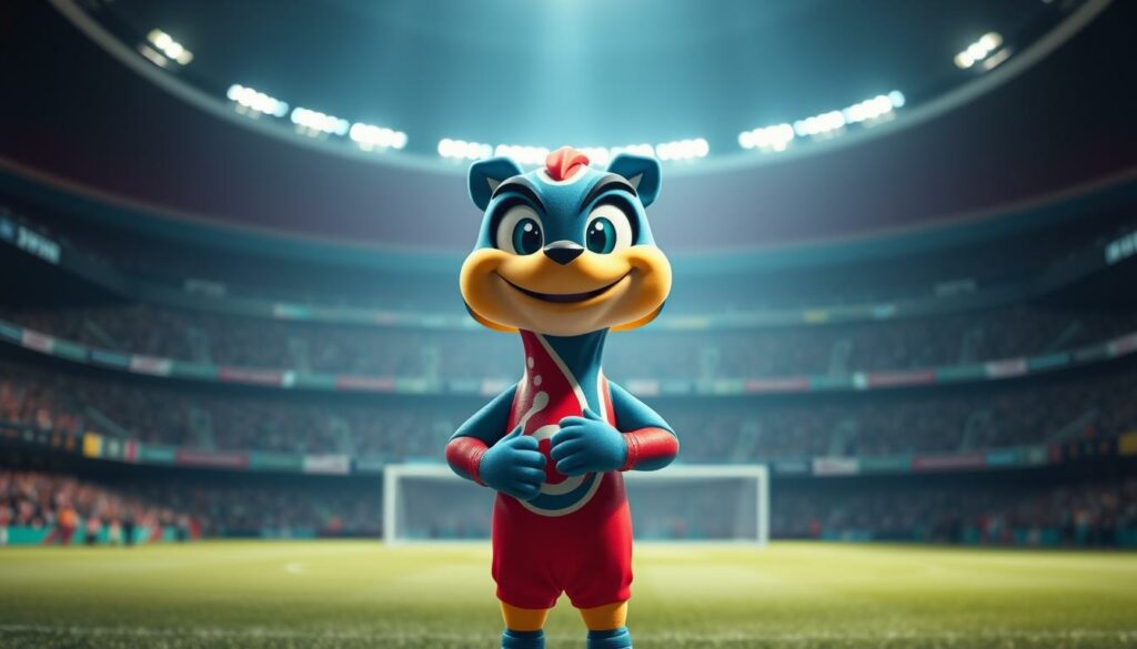 A modern and stylized World Cup mascot, standing confidently in the foreground. Its vibrant colors and dynamic pose command attention, reflecting the creativity and innovation of recent mascot designs. The mascot's expressive features convey a sense of playfulness and approachability, designed to engage a global audience. In the middle ground, a blurred stadium backdrop suggests the grand international stage of the World Cup, while the lighting casts dramatic shadows, adding depth and a sense of occasion. The overall atmosphere is one of energy, imagination, and the evolving spirit of the world's most prestigious football tournament.