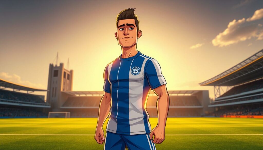 A modern, fit HSV soccer player stands proudly on a well-manicured pitch, clad in the club's iconic blue and white striped jersey. The player's muscular physique and determined expression convey a sense of athletic prowess and dedication. Backlit by the golden rays of the setting sun, the player's face is cast in a warm glow, creating a dramatic, cinematic effect. In the background, the historic Volksparkstadion looms, its grand architecture and iconic towers framing the scene. The overall atmosphere evokes a sense of pride, passion, and the enduring legacy of one of Germany's most storied football clubs.