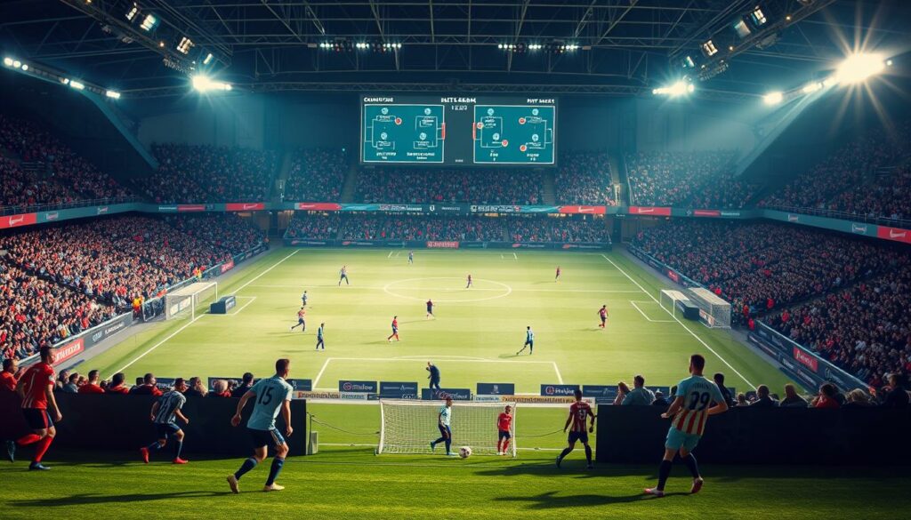 A modern soccer stadium under bright, crisp lighting. In the foreground, two teams of players engage in a tactical match, their movements fluid and purposeful. The midfield is a hub of activity, with players deftly maneuvering the ball, their passes and runs seamlessly connecting. In the background, a digital scoreboard displays real-time statistics and tactical formations, providing a glimpse into the analytical nature of the modern game. The atmosphere is one of intensity and strategic precision, capturing the essence of "Moderne Spielsysteme im Fußball".