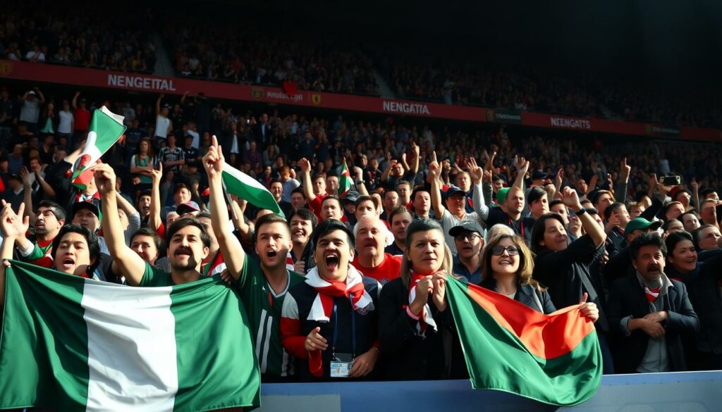 A packed football stadium, the roar of the crowd echoing through the air. In the foreground, a group of passionate national team fans, waving flags and chanting in unison, their excitement palpable. In the middle ground, a contrasting section of club supporters, their faces etched with a more reserved, contemplative expression. The lighting is dramatic, casting long shadows across the scene, heightening the sense of anticipation. The camera angle is from the sidelines, capturing the energy and intensity of the match day atmosphere. An electrifying clash of national pride and club loyalty, the image conveys the unique spirit and diversity of European football fandom.
