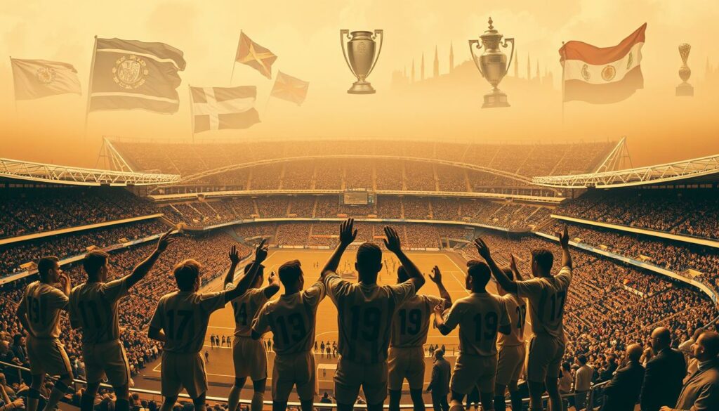 A panoramic aerial view of iconic European football stadiums across several host countries, captured in a sepia-toned, vintage aesthetic. The foreground features the silhouettes of historic national team players in period-accurate uniforms, mid-celebration after a match. The middle ground showcases vibrant crowds in the grandstands, waving flags and banners. In the background, a collage of historic moments and trophies from past European Championships fill the sky, creating a sense of the rich legacy and tradition of the tournament. Warm, soft lighting casts a nostalgic glow over the entire scene, evoking the timeless allure of international football.