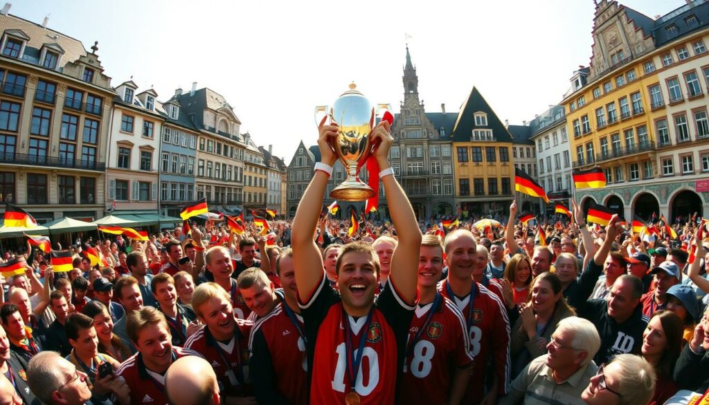 A panoramic shot of the 1996 UEFA European Championship trophy being lifted high above a jubilant crowd in a sun-drenched Römer square in Frankfurt, Germany. In the foreground, the victorious German national football team, led by captain Matthias Sammer, stand proudly with the gleaming trophy, their faces beaming with joy and triumph. The middle ground is filled with a sea of ecstatic fans waving German flags and celebrating their team's triumph, their cheers and chants echoing through the historic setting. In the background, the iconic buildings of the Römerberg frame the scene, bathed in the warm glow of the late afternoon sun, creating a sense of timeless celebration and national pride.