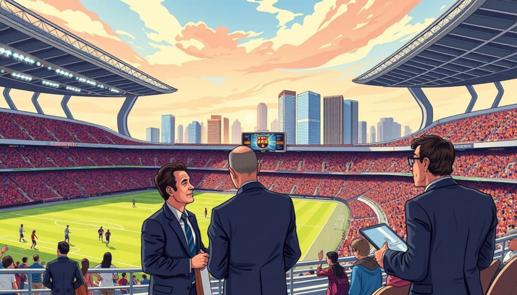 A panoramic view of a bustling modern football stadium, its sleek architecture and towering grandstands reflecting the sport's economic growth. In the foreground, a group of business executives in suits discuss lucrative sponsorship deals, their expressions serious yet optimistic. The middle ground depicts fans eagerly purchasing merchandise and snacks, immersed in the game's commercial ecosystem. In the background, a skyline of gleaming skyscrapers symbolizes the sport's transformation into a global industry, powered by television rights, merchandising, and investments. Warm, natural lighting casts a glow over the scene, conveying a sense of prosperity and progress. The overall atmosphere evokes the football industry's evolution from a community-driven pastime to a multibillion-dollar global enterprise.