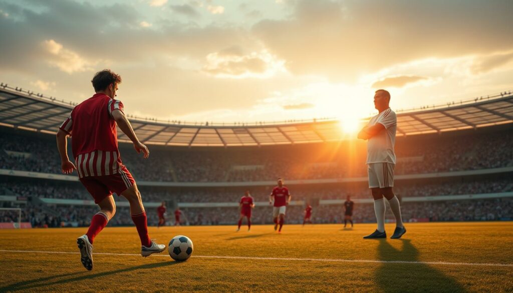 A panoramic view of a football pitch, illuminated by the warm glow of the setting sun. In the foreground, a player in a distinctive red and white uniform skillfully dribbles the ball, his movements fluid and dynamic. The midfield is a flurry of activity, with players in various team colors engaged in a tactical battle, their positioning and passing creating a sense of strategic complexity. In the background, the iconic figure of Franz Beckenbauer stands, his arms crossed, observing the game with a contemplative gaze, his influence and legacy shaping the very essence of the sport. The scene conveys a sense of innovation, a tactical revolution unfolding before the eyes of the legendary "Kaiser" himself.