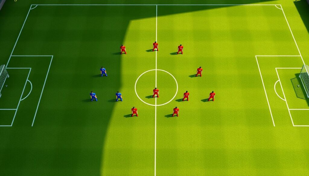 A photorealistic diagram of a soccer formation known as the "HSV Taktik 4-4-2 System". The scene is set on a detailed, meticulously-rendered soccer pitch, with players represented as simple color-coded shapes. The formation is laid out clearly, with the four defenders, four midfielders, and two forwards in their proper positions. The lighting is natural and evenly distributed, creating realistic shadows and highlights that emphasize the three-dimensional depth of the scene. The camera angle is slightly elevated, providing an overview of the entire formation while still maintaining a sense of scale and proportion. The overall mood is one of tactical analysis and strategic planning, with a focus on the geometric precision of the formation.