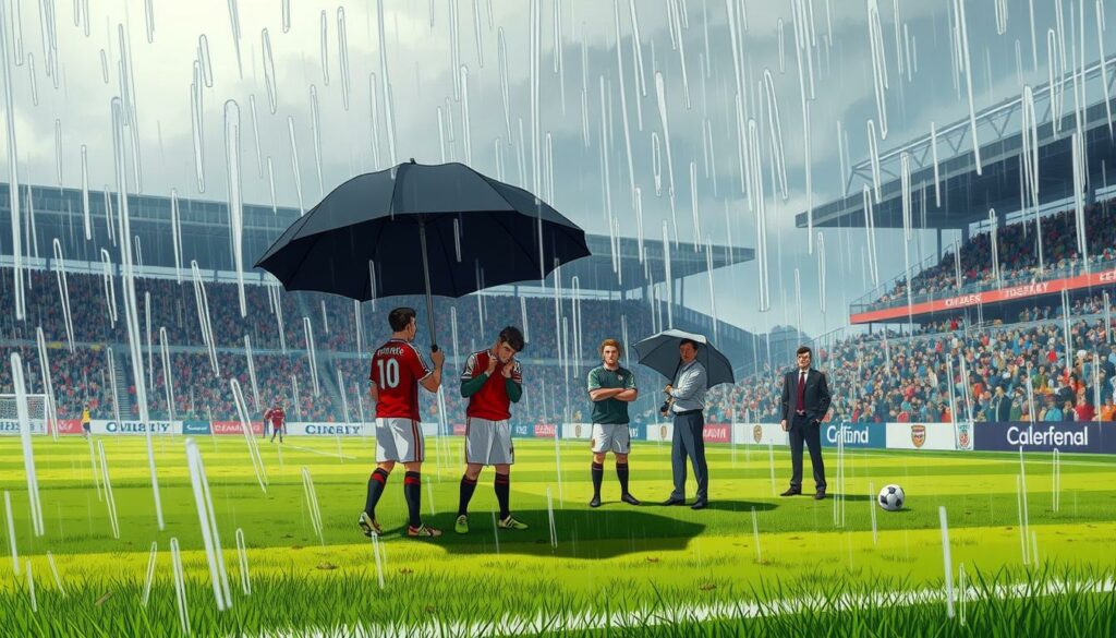 A picturesque outdoor scene of a soccer field during a weather-related game delay. The foreground shows rain pouring down, with a heavy overcast sky and gusty winds bending the grass and blowing debris across the pitch. In the middle ground, players and officials stand huddled under large umbrellas, their expressions tense as they survey the hazardous conditions. The background features spectators seeking shelter in the stadium stands, their faces obscured by the inclement weather. Dramatic lighting casts dramatic shadows, adding to the ominous atmosphere. An intricate, cinematic composition that captures the essence of a weather-enforced soccer match interruption.