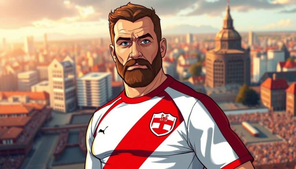 A portrait of Uwe Seeler, legendary striker for Hamburger SV, standing tall in his iconic red and white jersey, his gaze radiating determination and the spirit of the club he served with unwavering loyalty for over two decades. The foreground captures his powerful physique and rugged features, with the midground showcasing the bustling Hamburg cityscape in the background, a nod to the city he called home. The lighting is dramatic, casting a warm glow that highlights Seeler's resolute expression, conveying the reverence and admiration he commands as the undisputed greatest player in HSV's storied history. The composition is balanced, with Seeler as the central focus, surrounded by the vibrant energy of the city he helped put on the map through his exceptional skill and unparalleled dedication to the game.