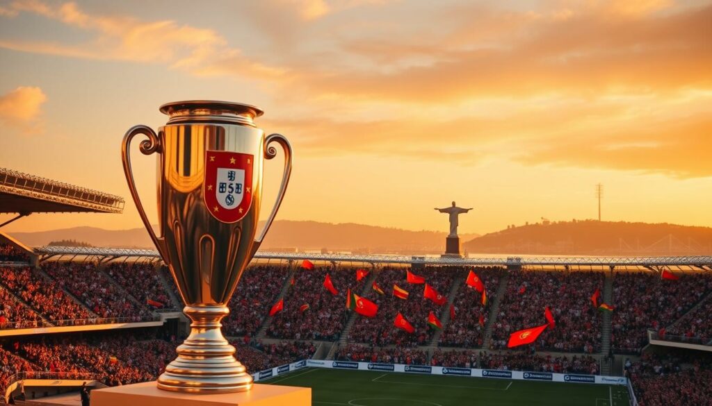 A professional football stadium in Lisbon, Portugal, bathed in golden evening light. In the foreground, a large trophy stands proudly, its gleaming silver surface reflecting the iconic Portuguese coat of arms. In the middle ground, a crowd of jubilant fans wave flags and banners, celebrating their national team's victorious European Championship triumph. The background is a panoramic vista of the city's landmarks, including the iconic Ponte 25 de Abril bridge and the Cristo Rei statue, all set against a warm, vibrant sky. The overall scene conveys a sense of national pride, triumph, and the culmination of a long-awaited championship victory.
