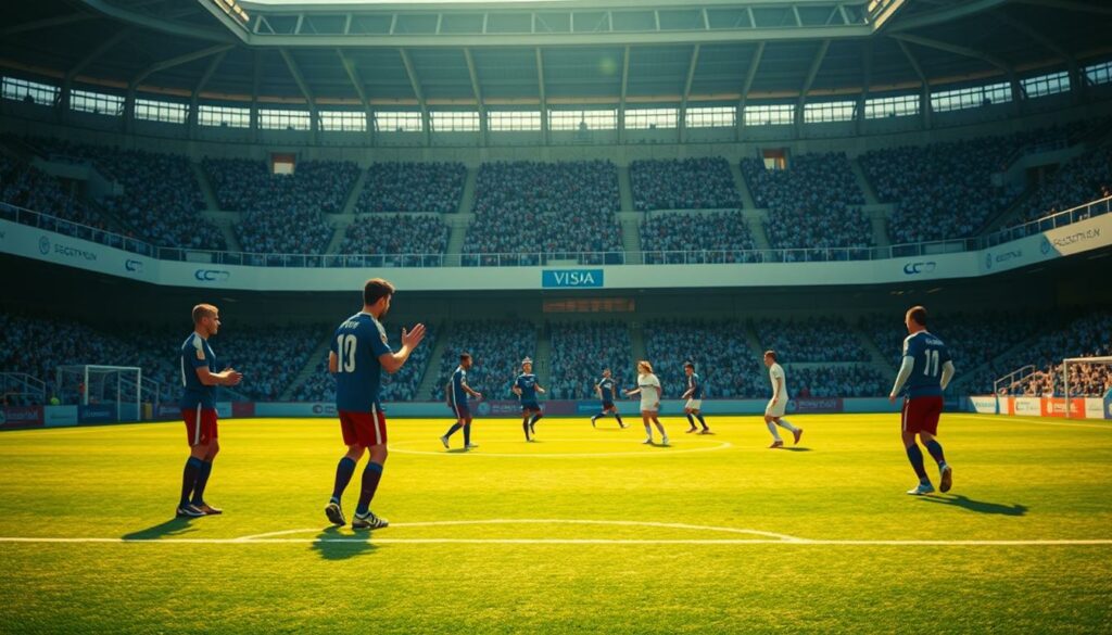 A professional-looking soccer field set in a sunny, afternoon environment. In the foreground, a group of soccer players strategizing around a corner kick scenario, using hand gestures and body language to communicate their planned tactics. The middle ground features a well-designed set of defensive and offensive positions, with players moving into their assigned roles. The background showcases the stadium's architecture, filled with cheering fans creating an energetic atmosphere. The lighting is natural, with warm tones highlighting the players' movements and the overall sense of tactical preparation. The camera angle captures the scene from a slightly elevated perspective, allowing the viewer to observe the intricate setup of the corner kick strategy.