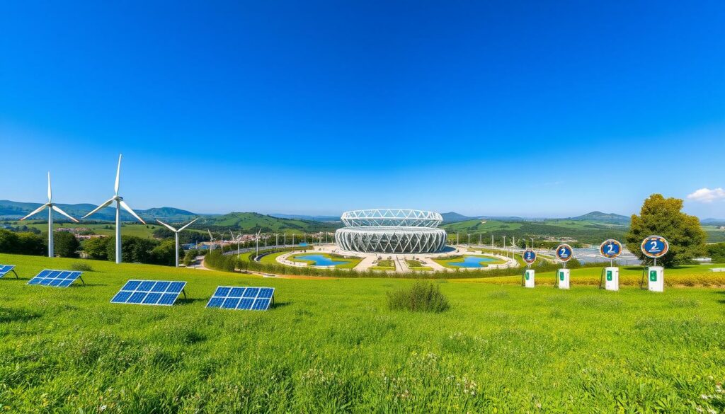 A serene, natural landscape showcasing sustainability efforts at the Euro 2024 championship. In the foreground, a lush, verdant field dotted with solar panels, wind turbines, and electric vehicle charging stations, seamlessly blending renewable energy sources into the environment. The middle ground features a modern stadium with a striking architectural design, surrounded by lush greenery and water features that promote biodiversity. In the background, rolling hills and a clear blue sky create a picturesque, harmonious scene. The lighting is soft and natural, captured through a wide-angle lens to convey a sense of scale and balance. The overall mood is one of environmental consciousness, innovation, and a commitment to sustainable practices in the hosting of the European football tournament.