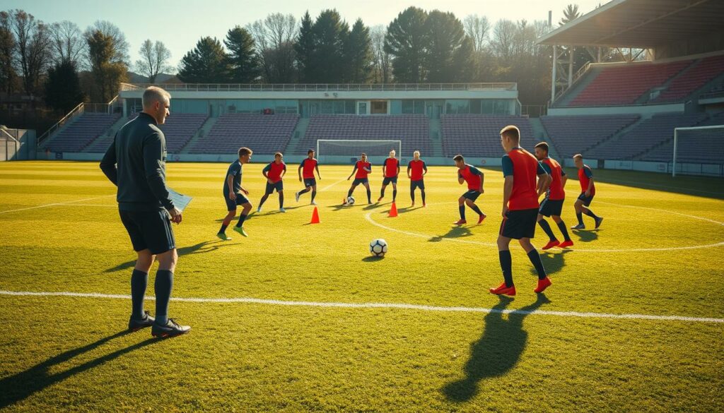 A soccer field illuminated by natural daylight, with a group of players engaged in tactical training drills. In the foreground, two teams face off, strategically maneuvering the ball as their coach observes, clipboard in hand, offering guidance. The middle ground features cones and markers, outlining the training exercises. In the background, the stadium stands and surrounding environment provide a sense of context, creating an immersive, realistic scene. The overall composition captures the intensity and focus of the tactical training session, conveying the dedication and precision required to master the tactical aspects of the beautiful game.