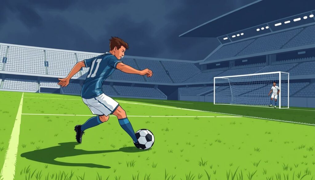 A soccer match on a meticulously manicured pitch, with two players locked in a defensive battle on the sideline. The outside back in possession, his body angled to shield the ball from the pressing forward. Muscles tense, eyes focused, as he assesses his options - a quick turn, a sudden burst of speed, or a well-timed pass to an open teammate. In the background, the stadium looms, its grandstands casting long shadows across the field, creating a moody, atmospheric setting. The image should convey the intensity and tactical awareness required of outside backs, their role in maintaining defensive shape and transitioning the team forward.