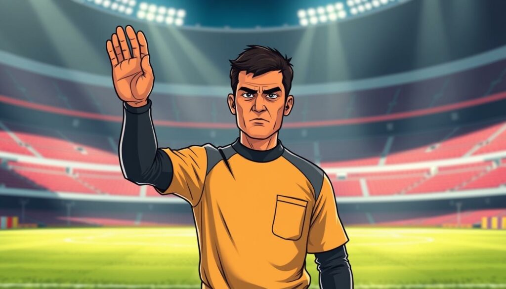 A soccer official, dressed in a referee's uniform, stands in the center of a football field, hand raised in a commanding gesture. The background is blurred, with the empty stadium seats and field lines fading into the distance, drawing the viewer's focus to the referee's decisive action. Dramatic lighting casts long shadows, creating a sense of tension and importance. The referee's expression is stern, conveying the weight of the decision to halt the game. The scene evokes the gravity and authority of the official's role in managing the match, capturing the critical moment of a game suspension.