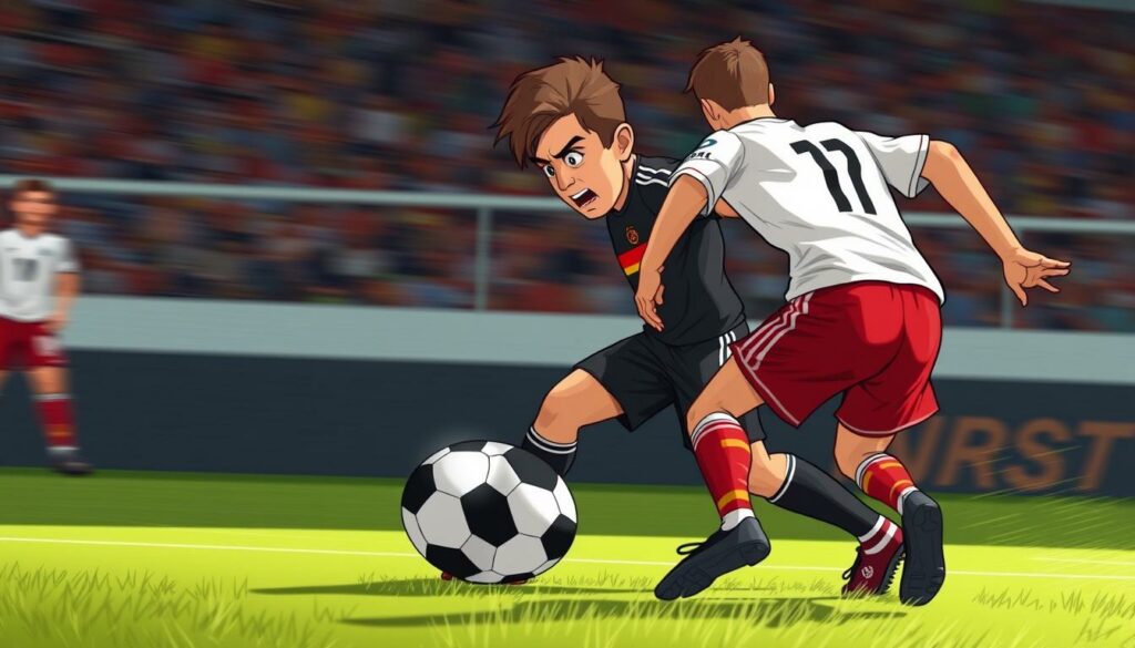 A soccer player in a defensive position, aggressively pressing an opponent on the ball. The player's face is intense, eyes locked on the ball, body leaning forward with determination. The field is in sharp focus, with blurred motion in the background suggesting the dynamic movement of the game. Lighting is natural, with shadows creating depth and drama. The camera angle is slightly elevated, giving a broader view of the defensive player's positioning and the space around them. The overall atmosphere conveys the high-energy, high-pressure tactics of the "Außenverteidiger Pressing" defensive system.