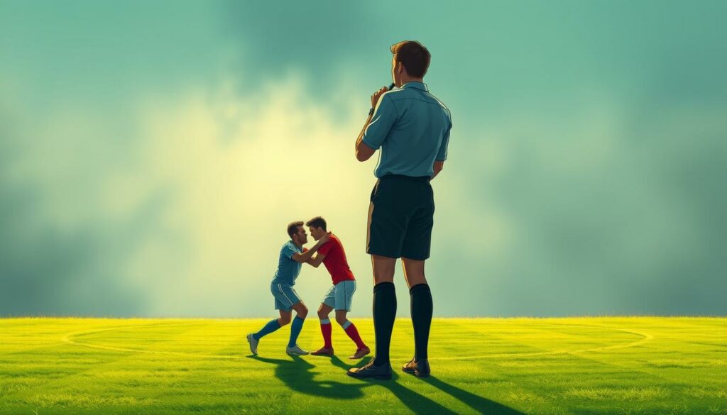 A soccer referee in a formal uniform stands on a lush green pitch, his whistle raised to his lips. In the foreground, two players engage in a heated altercation, their bodies twisted in confrontation. The background is hazy, blurred, suggesting the unseen machinations of match-fixing and corruption. Dramatic lighting casts long shadows, creating a sense of tension and unease. The scene is captured with a wide-angle lens, emphasizing the scale of the field and the small figures of the players, underscoring the weight of the referee's decision. An ominous atmosphere pervades, hinting at the dark underbelly of the beautiful game.