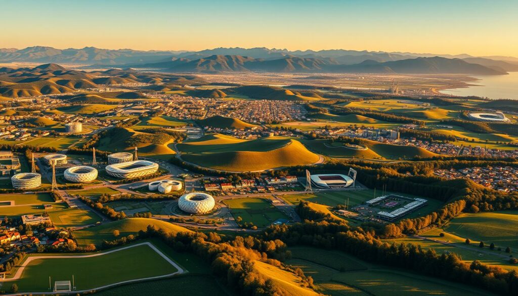 A sprawling panoramic view of the European continent, illuminated by warm, golden sunlight. In the foreground, a collection of iconic stadiums and football arenas, each a symbol of a nation that has hosted the prestigious FIFA World Cup. The middle ground features rolling hills, lush green landscapes, and picturesque towns, representing the diverse cultural tapestry of Europe. In the background, the silhouettes of majestic mountains and coastlines, creating a sense of scale and grandeur. The scene conveys a powerful feeling of unity, history, and the shared passion for the beautiful game that has united Europe through the World Cup experience.