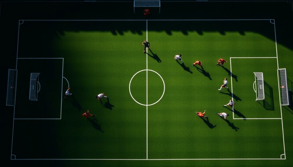 A strategic comparison of the 4-4-2 formation (Viererkette) and the 3-5-2 formation (Dreierkette) in professional football. Depicted is a top-down view of a football pitch, with players in the two formations facing off. The lighting is dramatic, with dynamic shadows accentuating the players' movements. The camera angle provides a detailed, close-up perspective, allowing the viewer to analyze the tactical nuances of each formation. The overall atmosphere is one of intense, high-stakes competition, reflecting the importance of this tactical decision for coaches and teams.