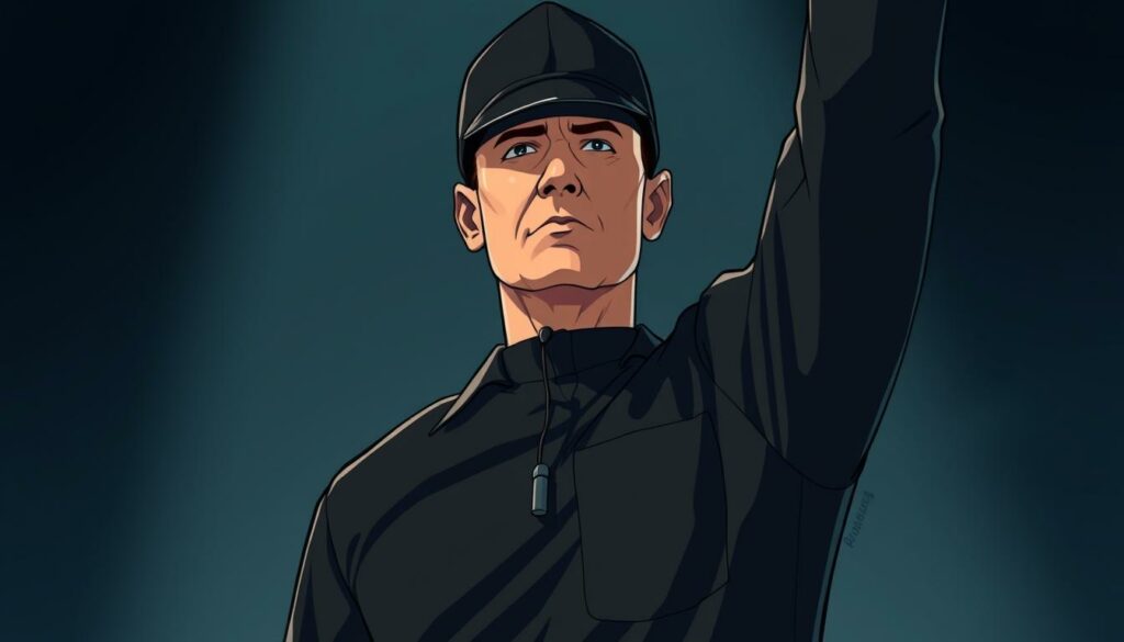 A striking portrait of a professional football referee, the "Direktor aus Anstoß," captured in a dramatic high-angle shot. The referee stands tall and authoritative, clad in a crisp black uniform with a sharp whistle hanging around their neck. Their face is partially obscured by the shadow cast from their peaked cap, creating an air of mystery and command. The background is blurred, drawing the viewer's focus to the referee's firm stance and raised arm, signaling the start of the game. The scene exudes a sense of anticipation and the weight of responsibility that comes with overseeing the opening moments of a high-stakes football match.