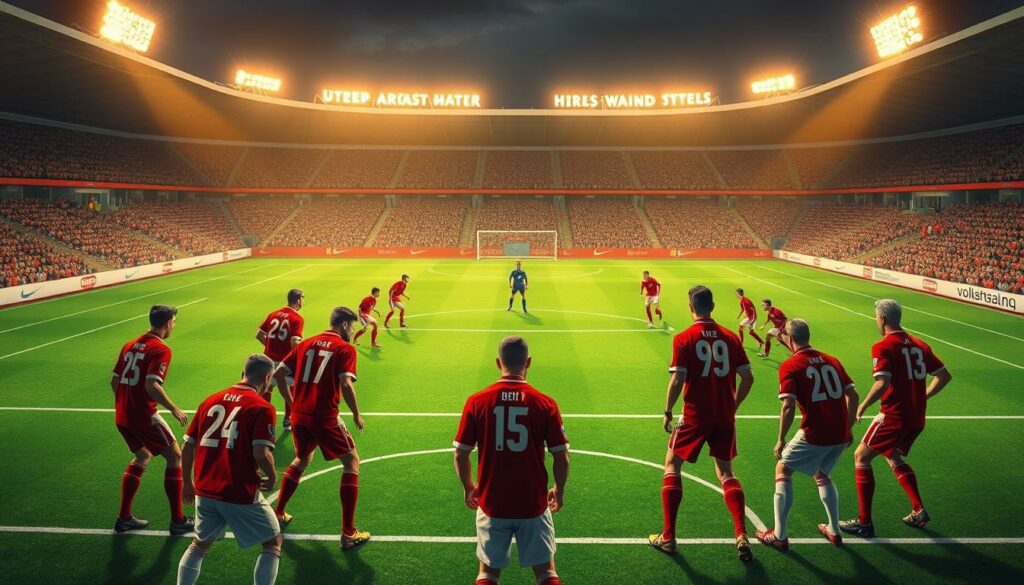 A tactical formation of Hamburg SV during the Happel era, captured in a cinematic, high-resolution illustration. In the foreground, 11 players in classic red and white uniforms are meticulously detailed, their positions forming the iconic 4-3-3 system. Midfielders control the flow of the game, wingers make incisive runs, and a lone striker waits in anticipation. The middle ground features the lush, green pitch and the iconic Volksparkstadion in the background, its floodlights casting a warm, golden glow over the scene. The lighting is dramatic, with deep shadows and highlights accentuating the players' athleticism and determination. The camera angle is low, putting the viewer right in the middle of the action, capturing the intensity and energy of this pivotal moment in HSV's history.
