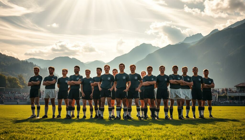 A team of determined football players, united in spirit, stands together on a verdant pitch. Their faces alight with determination, they embody the "Geist von Spiez" - the unwavering teamwork and camaraderie that propelled Germany to an unlikely victory in the 1954 World Cup. Sunlight filters through wispy clouds, casting a warm, golden glow over the scene. The players' uniforms flutter in a gentle breeze, their movements fluid and synchronized, as if guided by a shared purpose. In the background, a picturesque Swiss landscape unfolds, the majestic Alps providing a stunning natural backdrop to this historic moment. This image captures the essence of the "Wunder von Bern" - the triumph of unity, determination, and the power of the collective spirit.