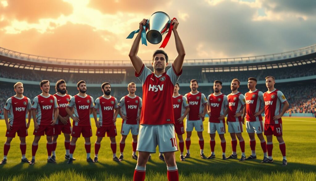 A team portrait of the victorious Hamburg SV football squad, captured in a warm, cinematic style. The players stand proudly on a lush, verdant pitch, their faces illuminated by soft, golden-hour lighting. In the foreground, the team captain, clad in the iconic red-and-white HSV jersey, hoists the championship trophy high, his expression one of triumph and elation. The other players surround him, their body language conveying a sense of camaraderie and shared accomplishment. In the background, the historic Volksparkstadion can be seen, its towering stands and distinctive architecture providing a fitting backdrop for this moment of glory. The overall scene evokes a timeless, nostalgic quality, capturing the spirit and legacy of Hamburg's last Bundesliga championship.