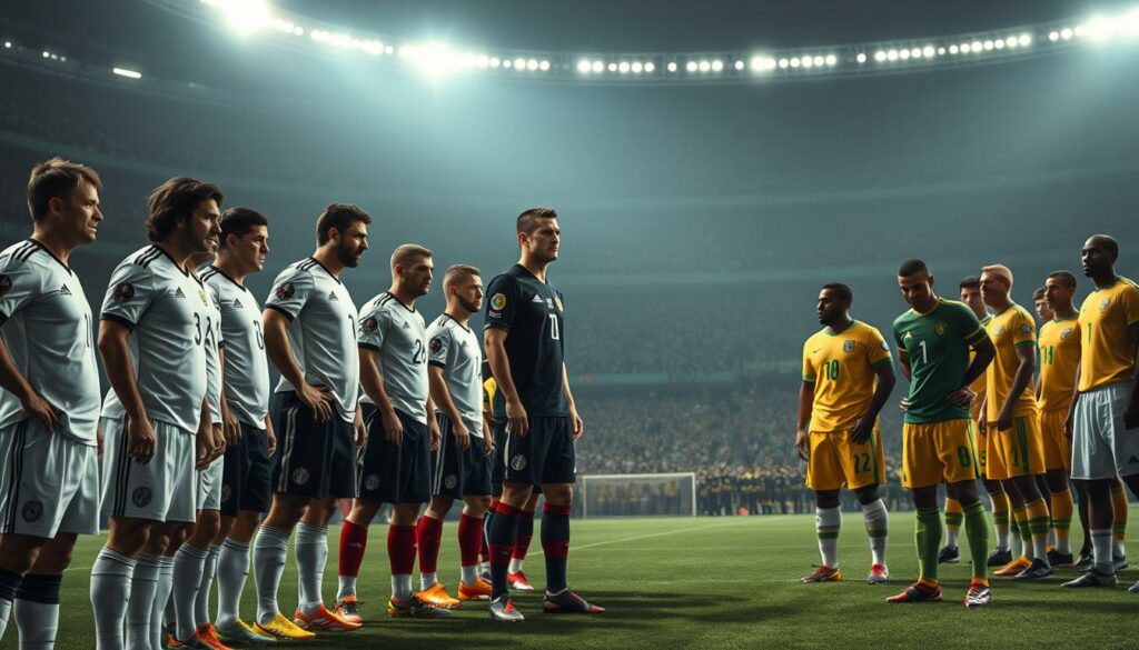 A tense, dramatic scene at the 2014 World Cup semifinal: a stoic German team stands poised, their expressions grim yet resolute, as they confront a visibly deflated Brazilian squad on a meticulously rendered soccer pitch. Bright stadium lights cast harsh shadows, heightening the intensity. The German players, clad in their iconic white and black uniforms, exude an aura of disciplined focus, while the Brazilians, in their vibrant yellow jerseys, appear dejected and overwhelmed. The atmosphere is charged with a palpable sense of history unfolding, as the Germans assert their dominance over the host nation in a momentous, lopsided encounter.