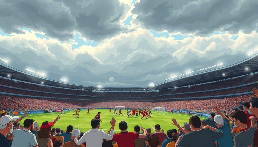 A tightly contested football match between two fierce rivals, the air electric with anticipation. In the foreground, fans in their team colors pack the stands, expressions a mix of tension and exhilaration. The pitch is a verdant stage, the players locked in a fierce battle, their athleticism and skills on full display. Overhead, dramatic clouds cast shifting patterns of light and shadow, adding to the sense of high drama. The roar of the crowd echoes through the stadium, their chants and cheers fueling the spectacle. Capturing the raw passion and rivalry that defines this storied derby, the scene radiates the thrill and intensity of the moment.
