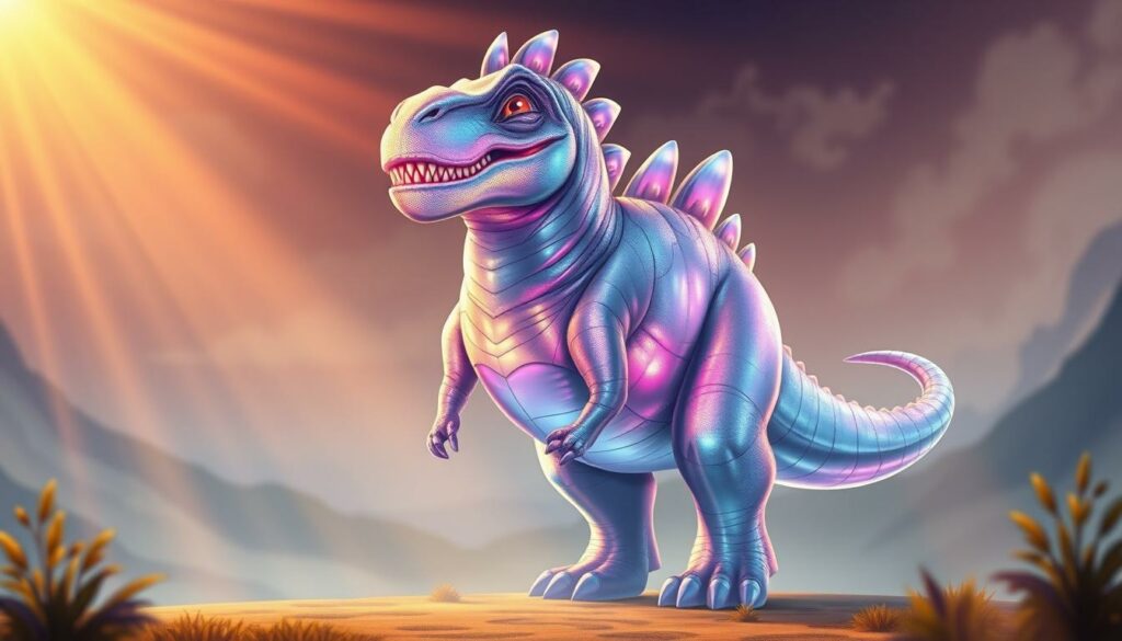A towering, majestic dinosaur standing proud in the center of the frame, its hulking frame cast in an ethereal, holographic HSV color palette that shifts and shimmers with an iridescent glow. The dino's scales glisten with a prismatic luster, its eyes shining with a penetrating intelligence as it gazes out with a regal, timeless presence. The background is a softly blurred, dreamlike landscape, hinting at the ancient, primordial origins of this legendary creature. Beams of warm, golden light bathe the scene, creating a sense of reverence and awe around the iconic HSV Dino Hermann, a symbol of enduring legacy and unbreakable spirit.