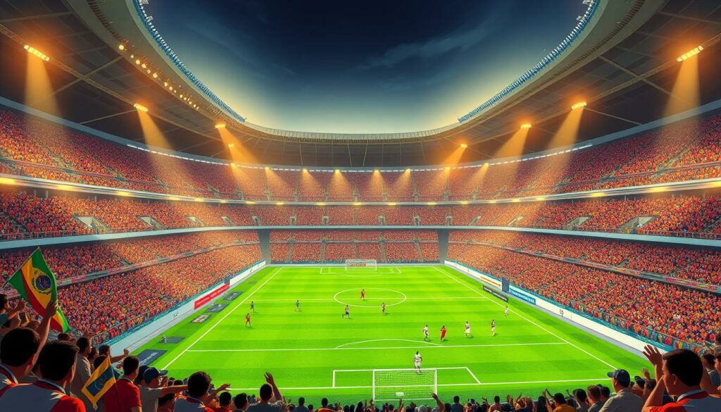 A vast, vibrant stadium with rows of passionate fans waving flags and scarves, capturing the global allure of the iconic Copa Libertadores soccer tournament. In the center, two teams of skilled players compete on a lush, meticulously manicured pitch, their every move followed by the captivated gaze of the crowd. The stadium's architecture blends modern design with local flair, conveying the tournament's significance as a unifying force in South American football culture. Warm, golden lighting casts a dramatic glow, heightening the sense of anticipation and excitement. This image encapsulates the global reach and enduring legacy of the Copa Libertadores, the crown jewel of South American club football.