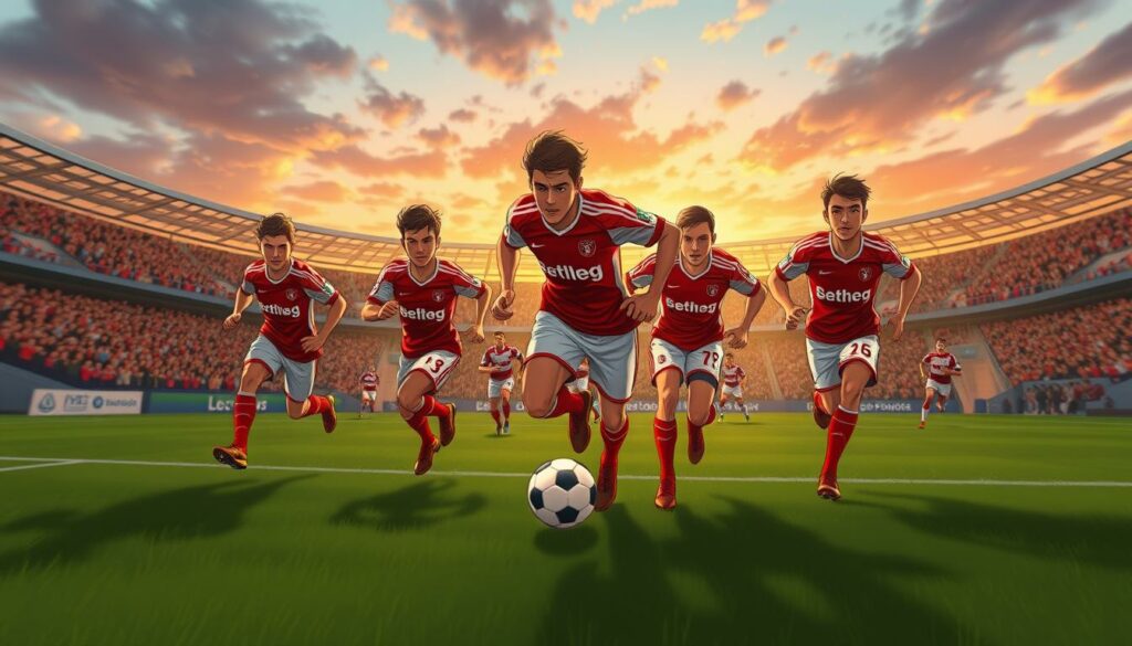 A vibrant, action-packed scene of the VfB Stuttgart football team embroiled in a nail-biting relegation battle. In the foreground, a trio of determined players in their iconic red and white jerseys charge forward, eyes fixed on the ball as they navigate a tense midfield scuffle. The middle ground is a blur of motion, with teammates and opponents locked in a fierce struggle for possession, the crowd's fervent cheers echoing through the stadium. In the background, the iconic Stuttgart skyline provides a dramatic backdrop, bathed in the warm glow of sunset, creating an atmosphere of high-stakes intensity. The image is captured with a cinematic, wide-angle lens, conveying a sense of immersion and urgency, as if the viewer is right there on the pitch, experiencing the heart-pounding tension of the VfB Stuttgart's relegation battle.