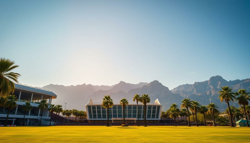 A vibrant and expansive outdoor landscape, capturing the diverse global venues that have hosted the World Cup beyond Europe. In the foreground, a grand, modern stadium with clean architectural lines and a striking facade, bathed in warm golden sunlight. In the middle ground, lush palm trees sway gently, hinting at a tropical climate. In the distant background, towering mountains or iconic landmarks unique to each host nation. The scene exudes a sense of international unity and excitement, reflecting the global reach and cultural diversity of the world's most prestigious football tournament.